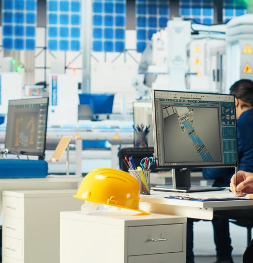 Engineer in photovoltaics factory taking notes of upgrades to make after diagnosing malfunctioning systems. Solar panels manufacturing plant worker writing down steps to take in reducing downtime